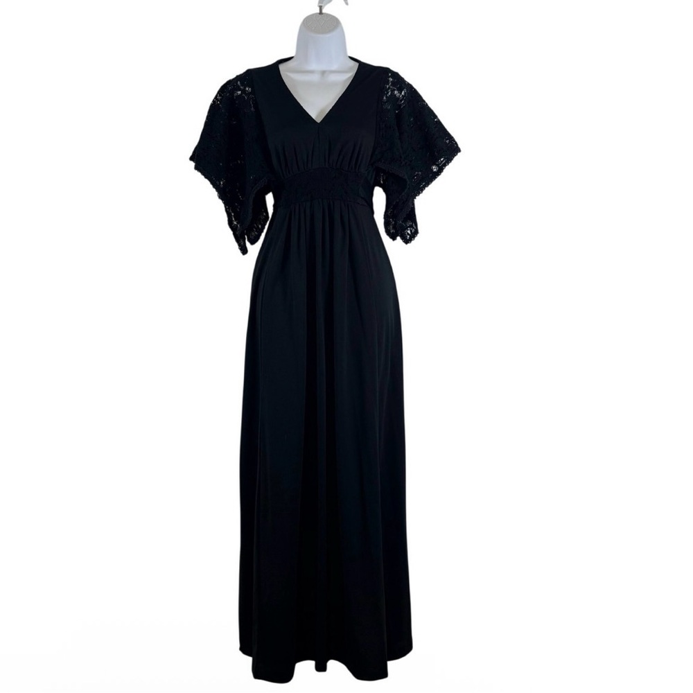 Romantic Timeless Black Maxi Dress W/ Lace Flutter Sleeves Back Tie Boho